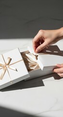 A person's hands delicately opening a white gift box tied with a golden ribbon on a marble table. Christmas Gift Box