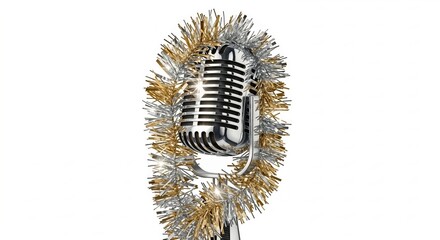 Microphone wrapped in gold and silver tinsel on white background  