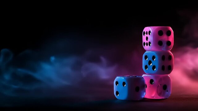 Stacked dice illuminated by colorful lighting with smoke in a dark environment