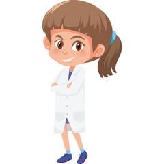 Young Girl Wearing Scientist Lab Coat and Blue Skirt Smiling Confidently with Arms Crossed Isolated on White Background