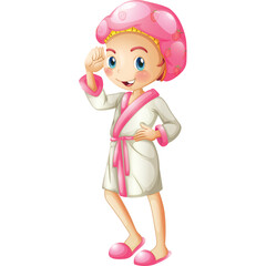 Young Girl Wearing White Robe And Pink Shower Cap With Matching Slippers Isolated On White Background Ready For Spa Day