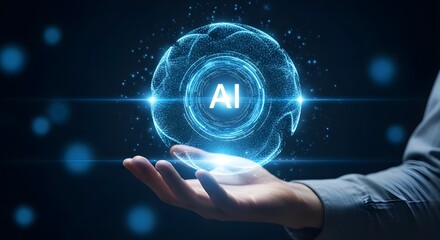 Futuristic glowing ai brain hologram floating above an open hand against a dark background