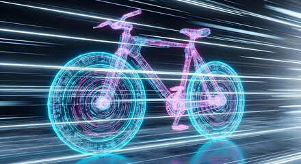 Futuristic glowing digital bicycle made of light and circuits moving through abstract data streams