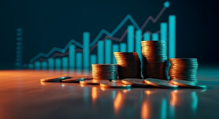 Financial growth and investment success represented by rising stacks of coins and a vibrant stock market graph