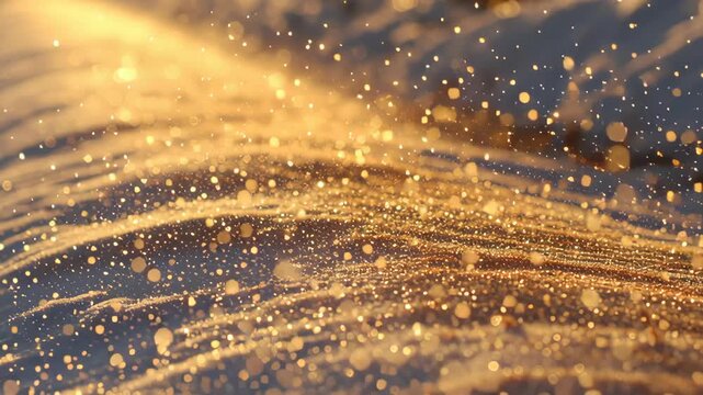 A beach with a lot of snow and glitter. The snow is white and the glitter is gold. Macro snow dust pattern minimal gold reflection