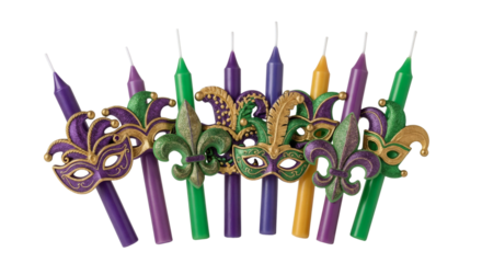 Mardi Gras cake candles in vibrant colors for festive celebration  
