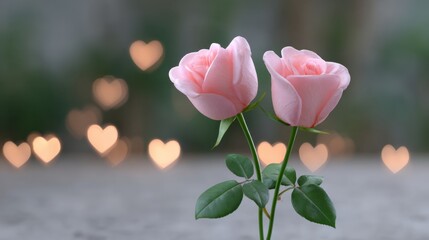 Two Elegant Pink Roses Surrounded by Sparkling Hearts and Soft Background for Romantic Themes