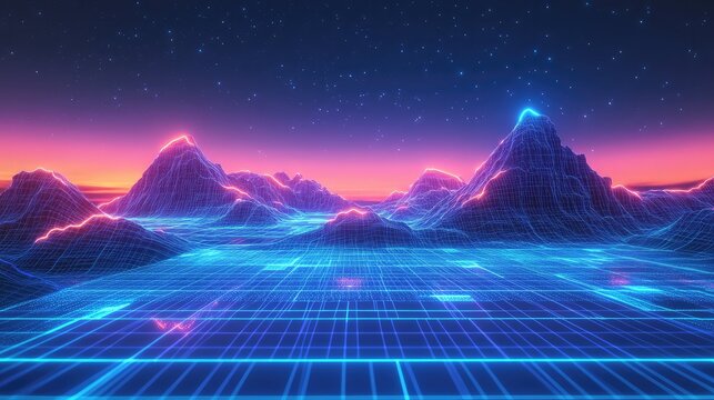 Retro digital landscape simulating metaverse grid mountains