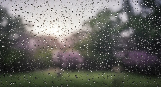 Rainstreaked window with blurred green trees purple flowers and bright sky beyond glistening water drops