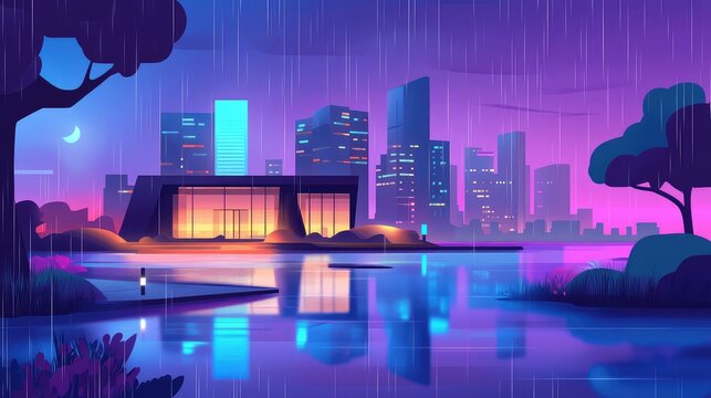 Cityscape at night with rain reflecting neon purple lights - Powered by Adobe