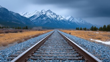 Scenic Railway Tracks Leading to Majestic Snow-Capped Mountains Under a Dramatic Cloudy Sky