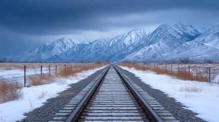 Snowy Railway Tracks Leading Towards Majestic Mountains Under Dark Stormy Sky