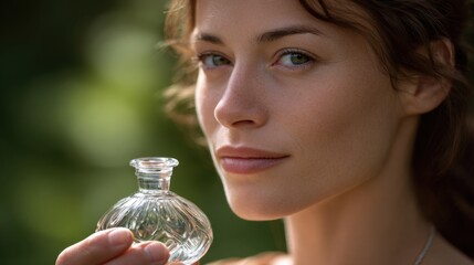 Elegant woman with natural beauty holding clear perfume bottle in serene outdoor setting showcasing wellness and fragrance