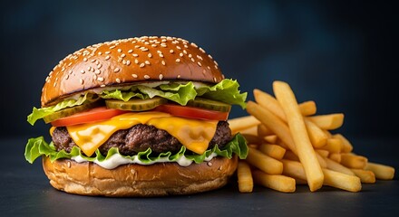 A juicy, fully assembled cheeseburger with lettuce, tomato, pickles, and melted cheese, served alongside a pile of golden french fries