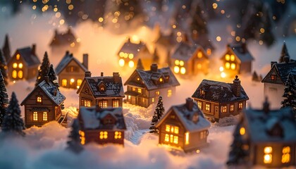 Obraz premium Silent Winter Village Miniature with Glowing Windows, Magical Fog, and Crisp Holiday Details