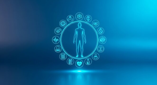 Hologram of human body with medical icons for healthcare technology concept