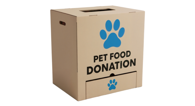 Pet food donation box in cardboard with paw print design  