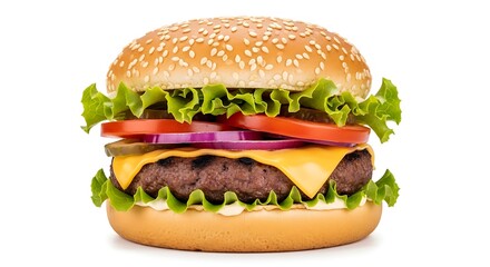A classic cheeseburger with a juicy beef patty, melted cheddar cheese, fresh lettuce, tomato, and red onion on a sesame seed bun