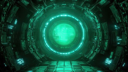 Fototapeta premium Futuristic portal opening in a green sci fi tunnel