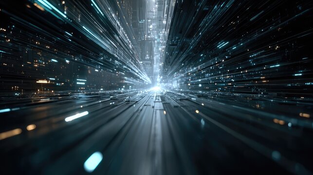 Digital information stream flowing through abstract data tunnel