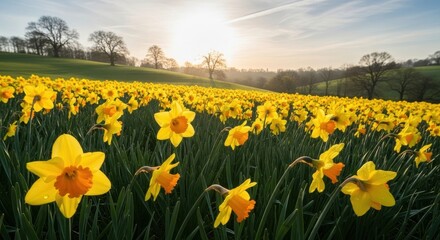 Obraz premium Radiant Daffodil Bloom: A Symphony of Yellow Hues Illuminating the Spring Meadow Landscape