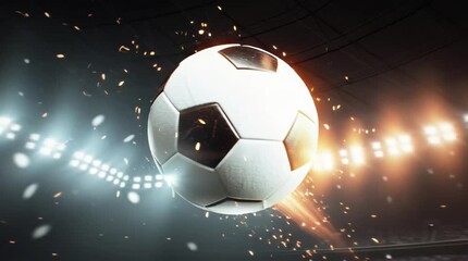 powerful soccer ball flying through stadium lights - Powered by Adobe