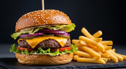 Classic cheeseburger with fresh lettuce, tomato, pickles, and red onion, accompanied by a pile of golden french fries on a dark slate
