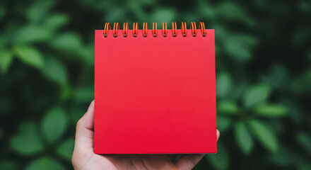 Hand holding a bright red spiral bound notebook against a blurred green background