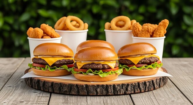 Three delicious cheeseburgers served with onion rings and chicken tenders on a wooden table with a green leafy background