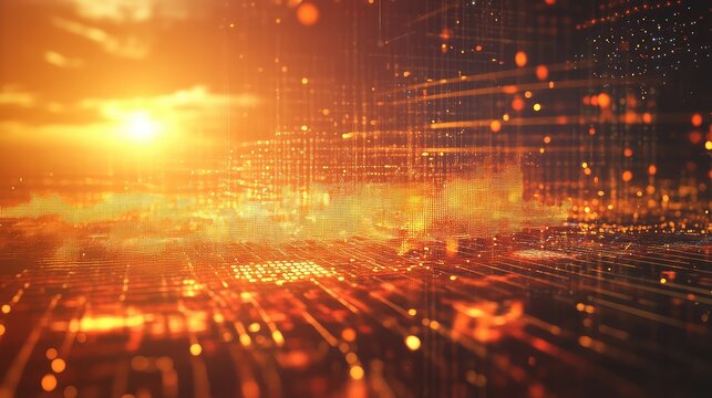 Global digital network illuminating data technology cityscape at sunset