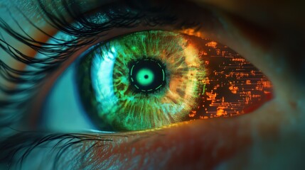 Human eye connecting with digital data and artificial intelligence