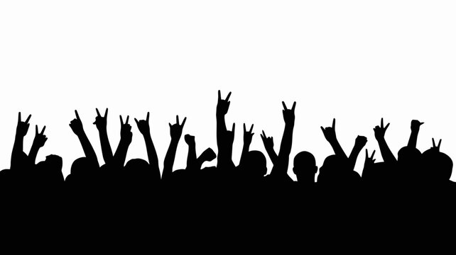Dynamic silhouettes of an excited concert crowd with hands raised, showing rock and roll and peace gestures on a clear white background