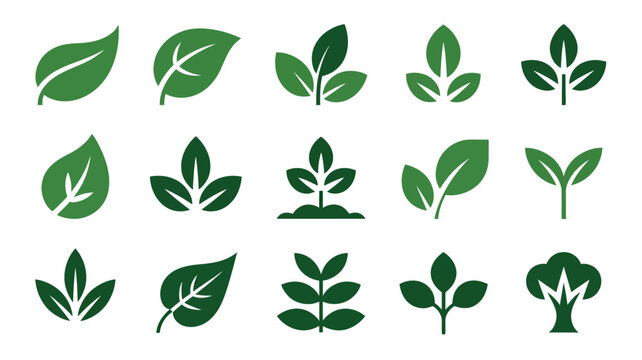 Green leaf and plant icons collection. a set of vector symbols representing nature, growth, ecology, and botanical elements.