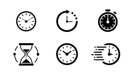 Time management icon set featuring clock, stopwatch, hourglass, time loop, and fast speed symbols for design needs.