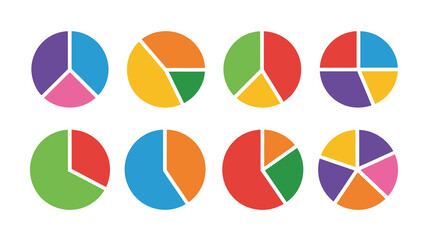Fototapeta premium Colorful pie chart collection: eight vibrant data visualization icons for business, finance, and marketing presentations