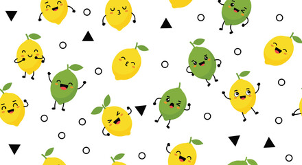 Obraz premium Seamless pattern with happy and energetic cartoon lemons and limes dancing and smiling.