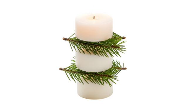 A white candle decorated with green fir branches isolated on transparent background for christmas and new year celebration - Powered by Adobe