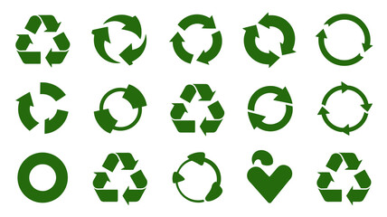 Green recycling and circular arrow symbols collection for environmental protection, sustainability, and waste reduction.