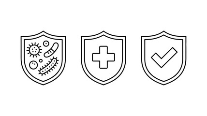Antivirus, health, and protection concept with shield icons, showcasing microbes, medical cross, and checkmark line art design