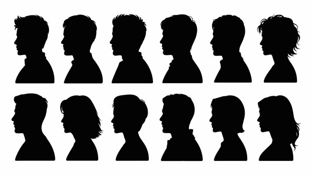 Diverse collection of human head silhouettes in profile, featuring various hairstyles for men and women on a white background.
