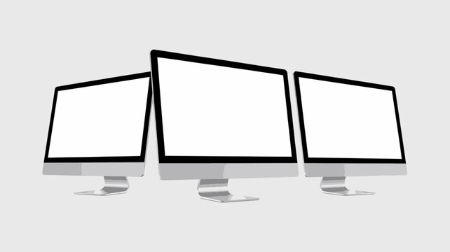 Three modern desktop computer monitors with blank white screens side by side, perfect for website or application ui mockup presentation.