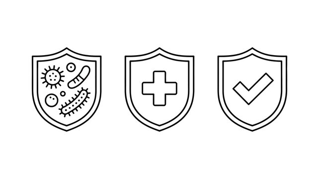 Antivirus, health, and protection concept with shield icons, showcasing microbes, medical cross, and checkmark line art design