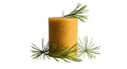 A yellow beeswax candle decorated with green fir branches isolated on transparent background for christmas and new year