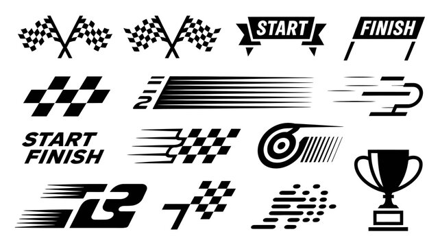 Dynamic racing and competition icon set featuring checkered flags, start/finish lines, speed elements, and winner's trophy
