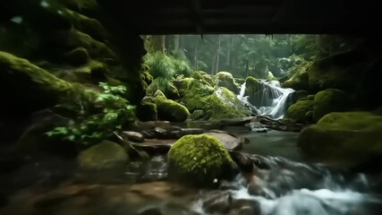 Wooden bridge over creek in forest with water flowing nature scenery