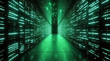 Server room with glowing data flowing through racks