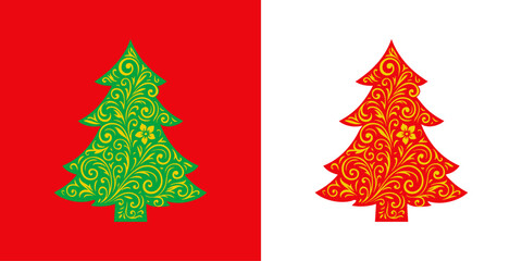 Logo con árbol de navidad con hojas con líneas y volutas para tarjetas y felicitaciones de Navidad © teracreonte