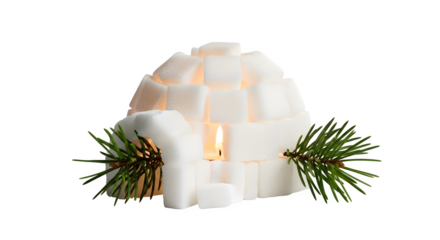 Unique sugar cube igloo candle holder with pine needles isolated on transparent background for a sweet and whimsical holiday decoration