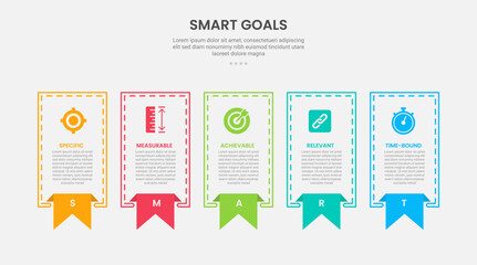 SMART goals infographic outline style with 5 point template with sharp rectangle with bookmark ribbon badge on footer for slide presentation