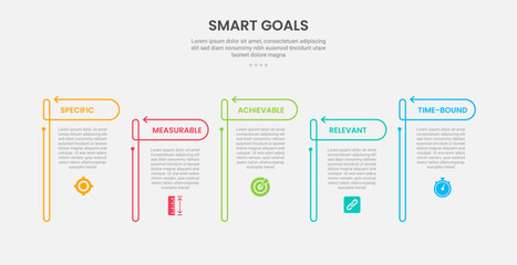 SMART goals infographic outline style with 5 point template with open table with arrow header up and down for slide presentation